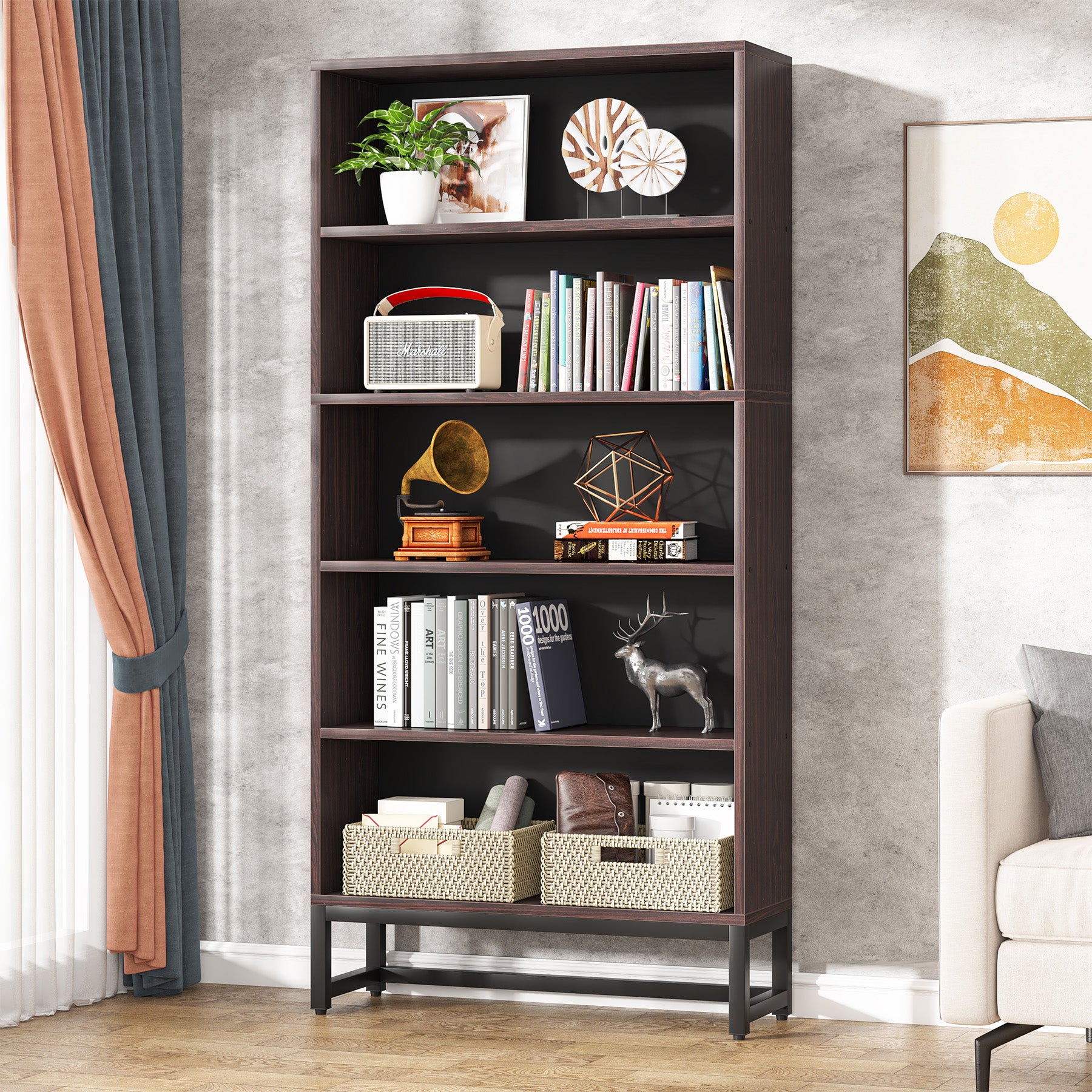 70.8" Bookcase with 5-Tier Storage Shelves